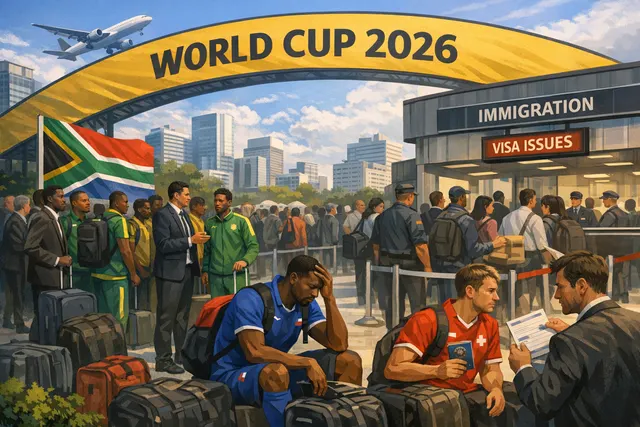 A World Cup soccer player blocked at passport control, symbolizing the visa crisis disrupting the 2026 FIFA World Cup