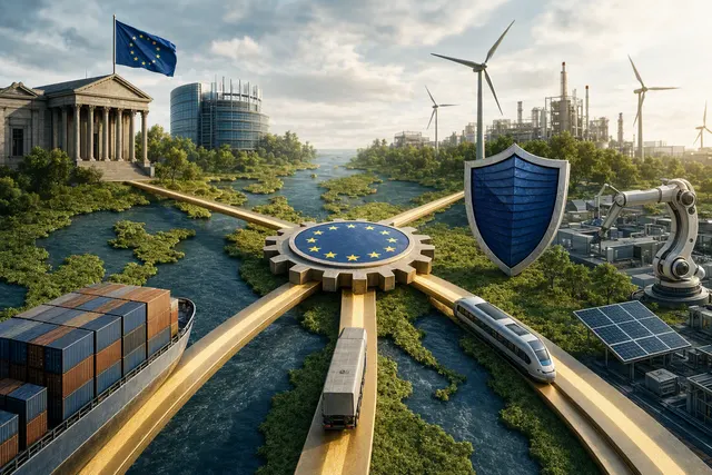 Editorial illustration of European Union supply-chain diversification and trade policy toward China