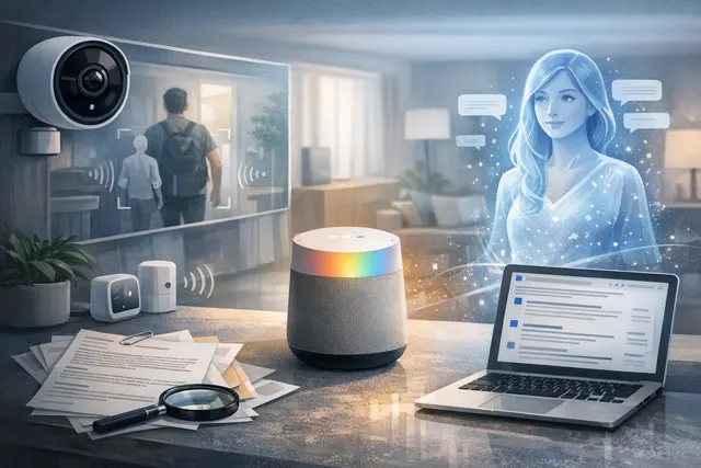 Google Home app interface displaying a Nest camera feed with AI-powered event detection showing person identification by body size and clothing color.