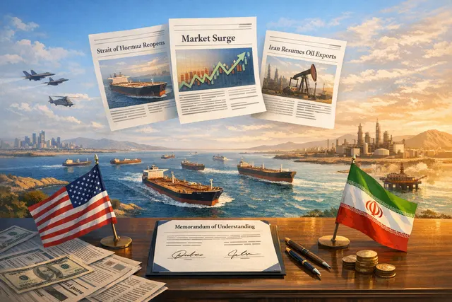 A digital illustration of an oil tanker navigating the Strait of Hormuz at sunset, with stock market charts and a semiconductor chip overlay, symbolizing the brief peace deal's imp