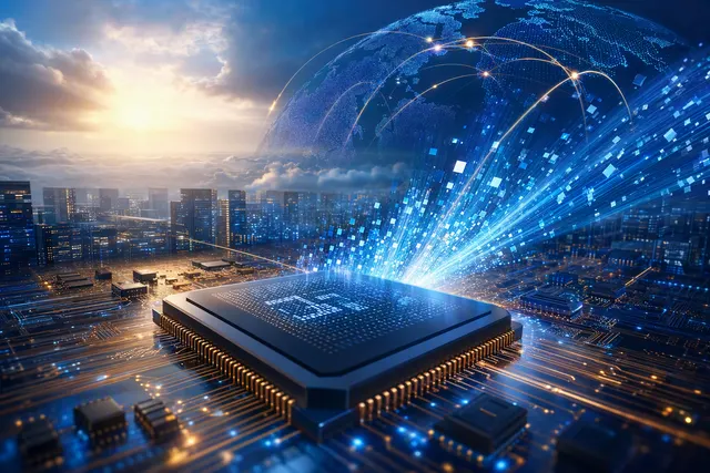 Illustration of AI-focused semiconductor chips and high-speed data-center interconnects