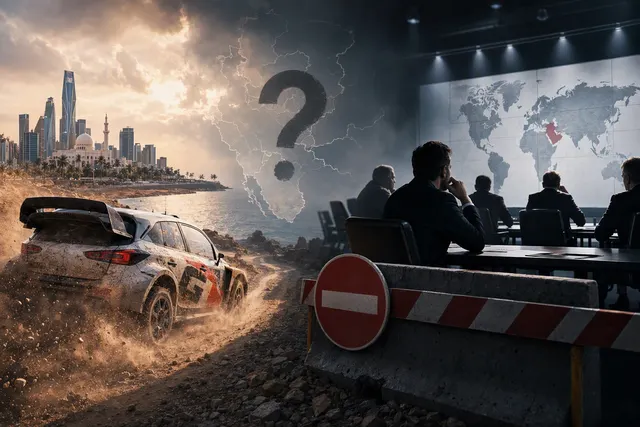 Rally car driving through a desert rally stage, illustrating uncertainty around the 2026 Rally Saudi Arabia WRC finale