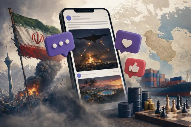 Editorial illustration of Donald Trump’s Truth Social posting spree about Iran and Kharg Island