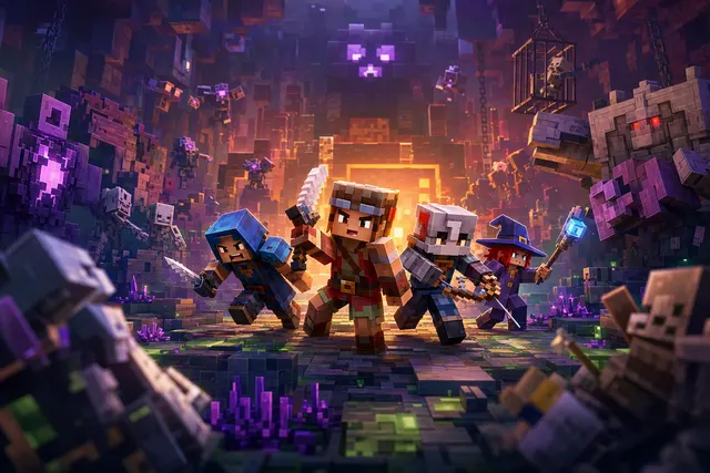 AI-generated editorial illustration representing Minecraft Dungeons II and its dungeon-crawling adventure