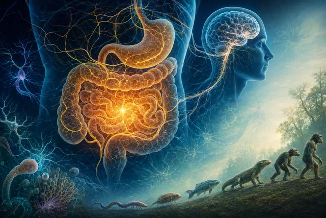 Conceptual illustration of neural activity in the gut, representing the enteric nervous system and the gut-first evolutionary hypothesis
