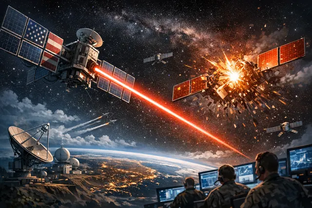 Illustration of a satellite deploying an aggressive maneuver in orbit, symbolizing the US-China space conflict.