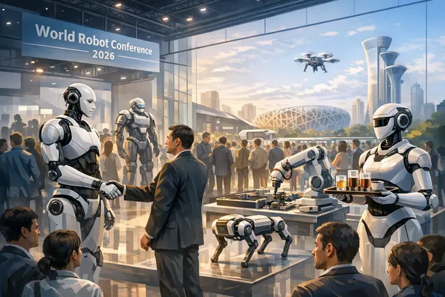 AI-generated editorial illustration of humanoid robots demonstrating practical work and human-robot collaboration
