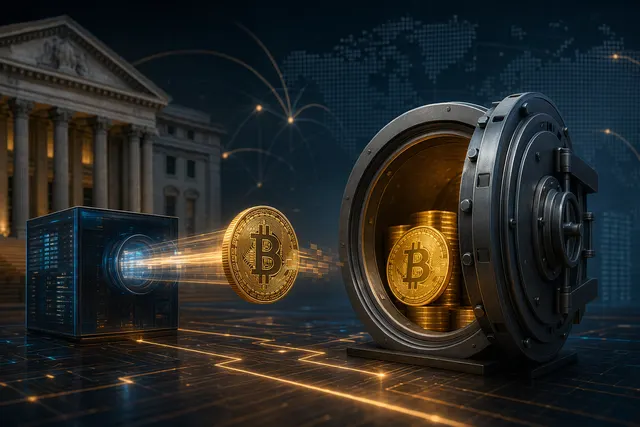Illustration representing a large institutional Bitcoin transfer from Coinbase to cold storage