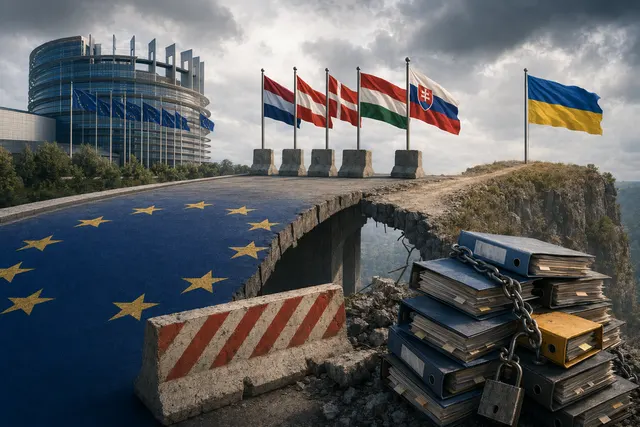 Illustration of Ukraine and EU flags symbolizing the political negotiations over Ukraine’s accession to the European Union