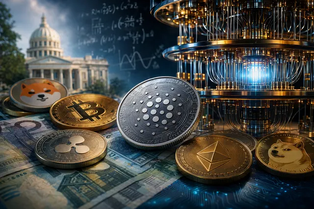 Concept illustration of quantum computing threatening blockchain cryptography and prompting post-quantum upgrades