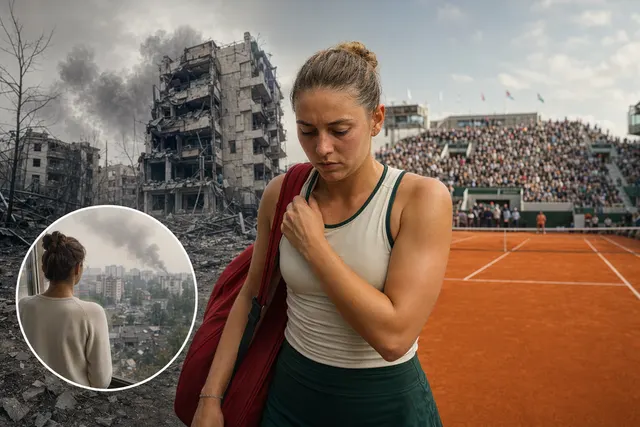 Ukrainian tennis player Marta Kostyuk reacting emotionally after learning of a missile strike near her parents’ home before a French Open match