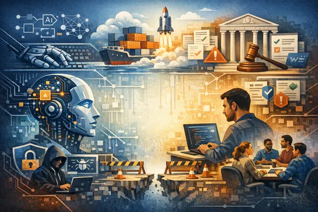 AI coding paradox visualization showing rapid code generation on one side and security review bottlenecks on the other, representing the governance gap revealed by Black Duck's 202
