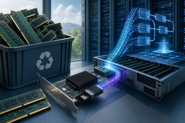 Editorial illustration of server memory and CXL-connected infrastructure
