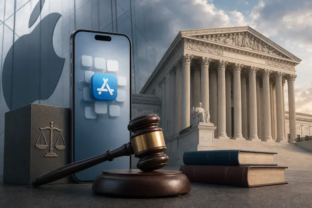 Concept illustration of the legal battle between Apple and Epic Games over App Store fees and external payment links