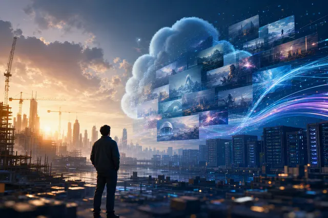 Editorial illustration of Alibaba’s AI investment and cloud video-generation strategy