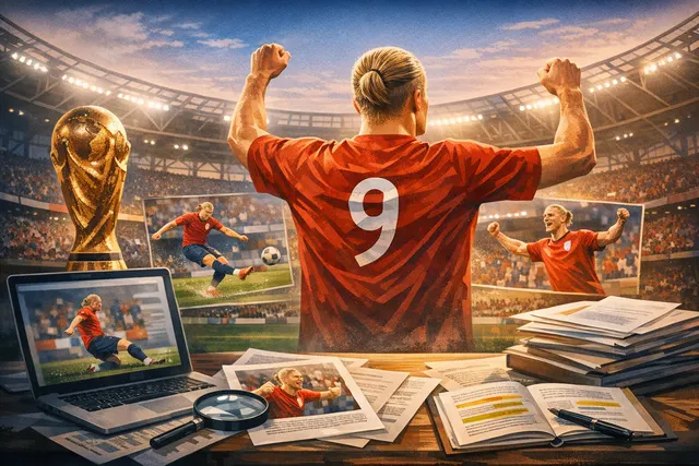 Erling Haaland celebrating a goal at the 2026 FIFA World Cup, wearing the Norway national team jersey.