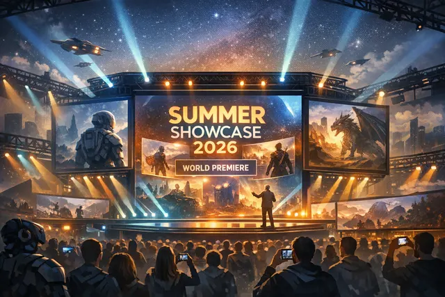 Montage of Troy Baker and Alix Wilton Regan hosting the Future Games Show Summer Showcase overlaid with game logo tiles for Exodus and Tomb Raider: Legacy of Atlantis