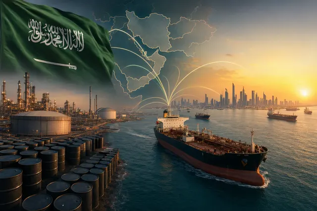 Editorial illustration representing Middle Eastern crude oil exports, shipping through the Strait of Hormuz, and Saudi Arabia’s East-West Pipeline