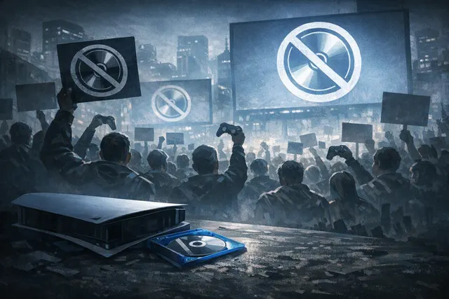 Illustration of PlayStation fans joining a blackout protest against Sony’s planned 2028 shift to digital-only new game releases