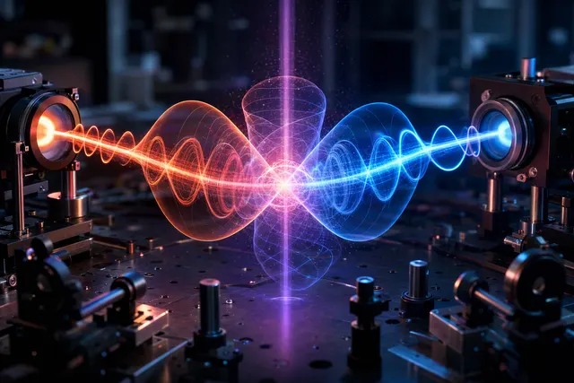 Abstract visualization of two colored laser pulses crossing to form a three-dimensional light field