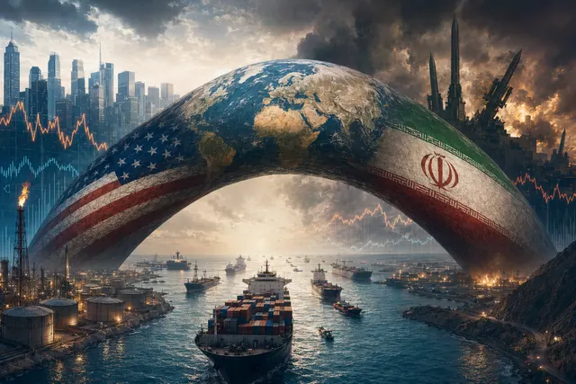 Editorial illustration of oil tankers, energy markets and geopolitical tension in the Gulf