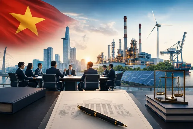 AI-generated editorial illustration representing Vietnam’s state-capital restructuring across banks and strategic enterprises