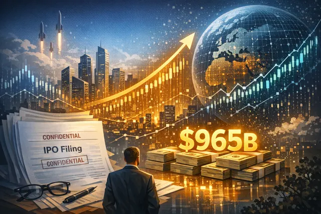 Anthropic IPO filing illustration showing a document stamped confidential alongside AI-themed graphics and a rising valuation chart.