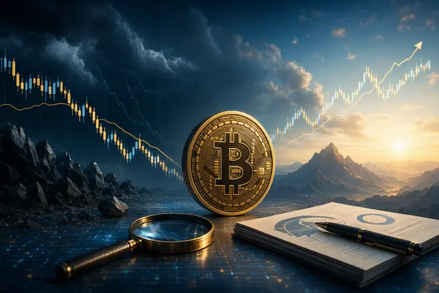 Editorial illustration accompanying analysis of Bitcoin’s 2026 bear market and recovery