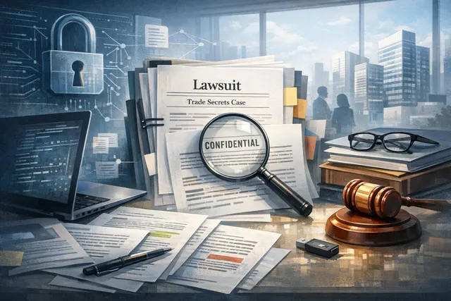 Conceptual illustration of a gavel and an Apple-style device with AI circuitry, representing the legal battle between Apple and OpenAI over trade secrets.