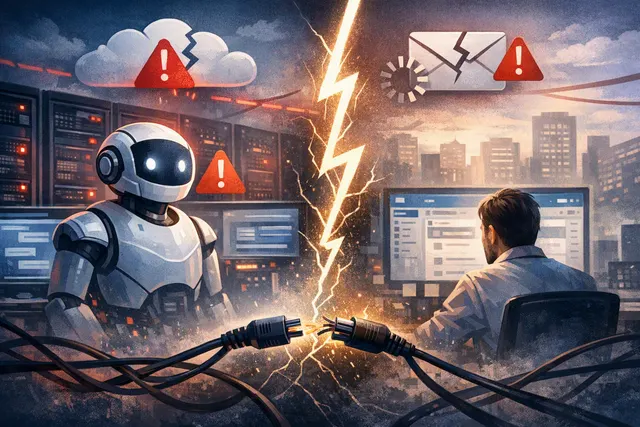 Editorial illustration of ChatGPT Work and Microsoft Outlook experiencing simultaneous service outages