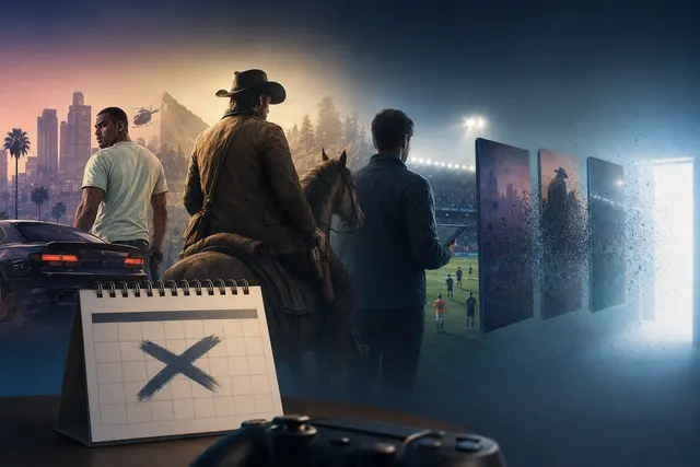 Editorial illustration for the November 17 PlayStation Plus catalog removals, featuring GTA 5 and Red Dead Redemption 2