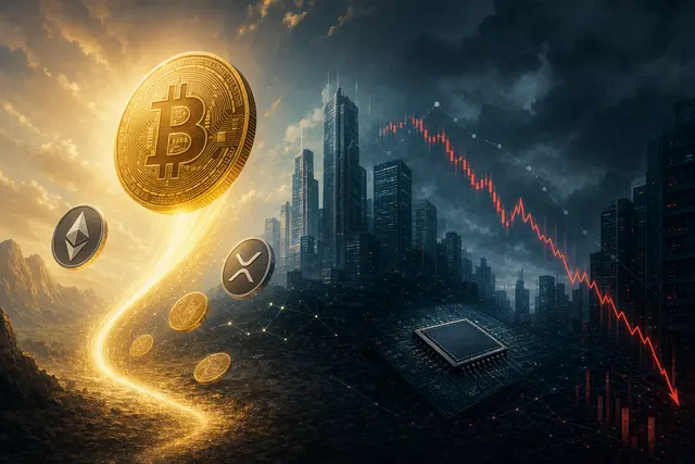 Editorial illustration of Bitcoin amid a contrast between rising crypto markets and falling technology stocks