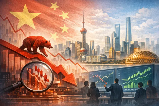 Abstract representation of diverging stock market trend lines, with a red downward arrow for the MSCI China Index and green upward arrows for the STAR 50, Kospi, and Taiex indices,
