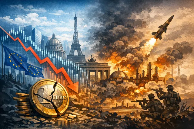 A digital composite showing a downward-trending stock chart overlaid on a map of Europe, juxtaposed with visual elements representing energy supply disruption and AI circuitry, ill