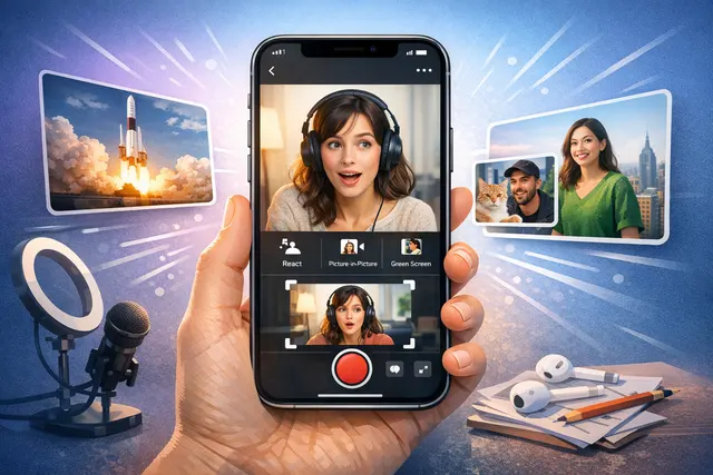 X React with Video feature interface on an iPhone showing green screen, split screen, and picture-in-picture recording modes overlaid on a post