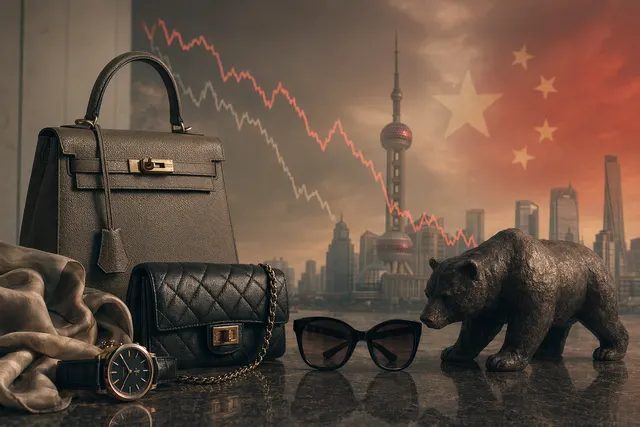 Editorial illustration of European luxury storefronts beside downward stock charts and shoppers.
