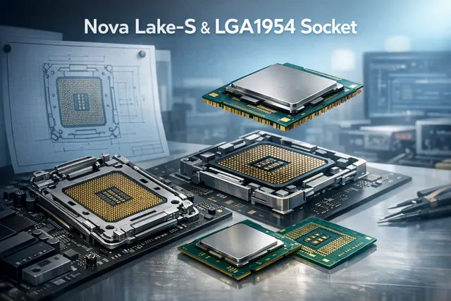 Editorial illustration of an Intel Nova Lake-S processor and LGA1954 desktop motherboard socket