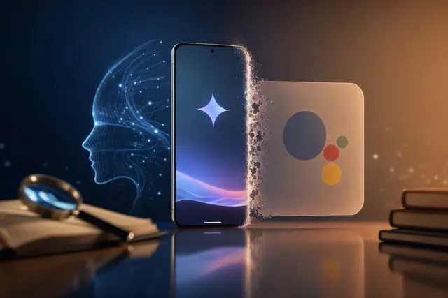 Illustration of Google Gemini replacing Google Assistant on an Android phone, with a smartwatch and smart speaker nearby