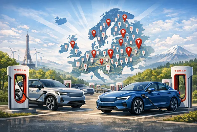 A Volvo electric vehicle plugged into a Tesla Supercharger in a European city, with the Volvo Cars app visible on a smartphone showing charging status.