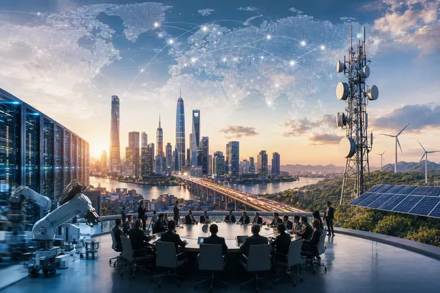 Illustration representing Huawei’s global technology ecosystem including telecom networks, AI, cloud computing, and smart devices