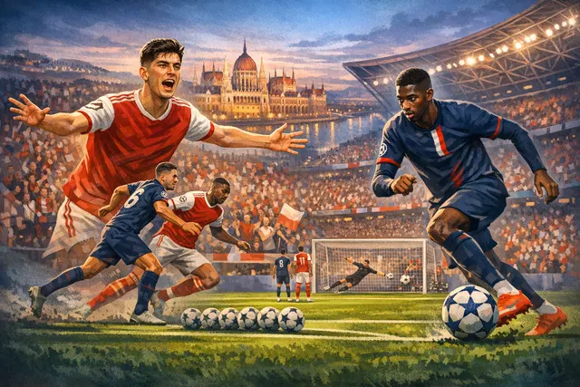 Arsenal players react in disbelief during the penalty shootout against PSG in the 2026 Champions League final at the Puskás Aréna in Budapest.