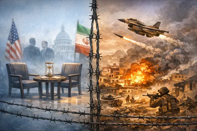 Diplomatic documents symbolizing US-Iran negotiations scattered across a table as shadowed military figures loom in the background, illustrating the collapse of indirect talks trig