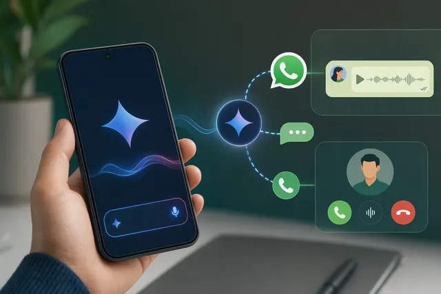 Illustration of Google Gemini interacting with WhatsApp on an Android smartphone using AI prompts