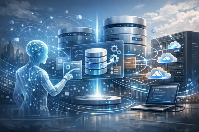 Abstract illustration of AI agents connecting Google Cloud database operations with persistent cloud infrastructure