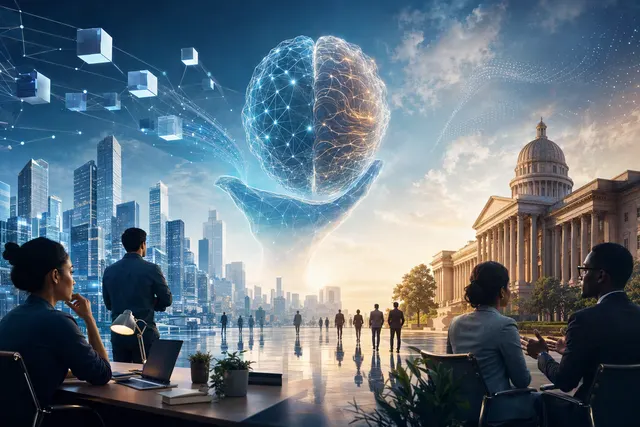 Editorial illustration representing enterprise AI models, business knowledge and safety controls