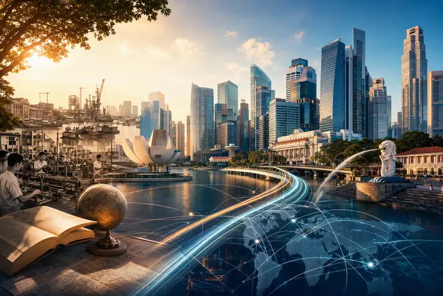 Editorial illustration accompanying Singapore’s economic transformation and rise as an international financial centre