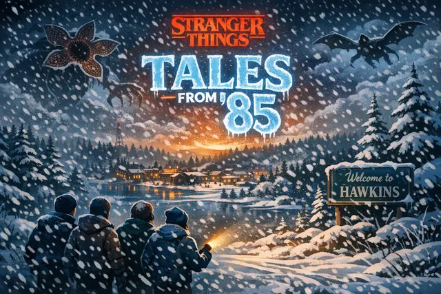 Animated-style illustration of the Hawkins Investigators Club facing a supernatural threat in Stranger Things: Tales From ’85 Season 2