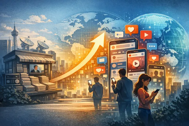 An editorial illustration of a global digital news landscape showing a phone screen with social media icons and news headlines overtaking a traditional television set.