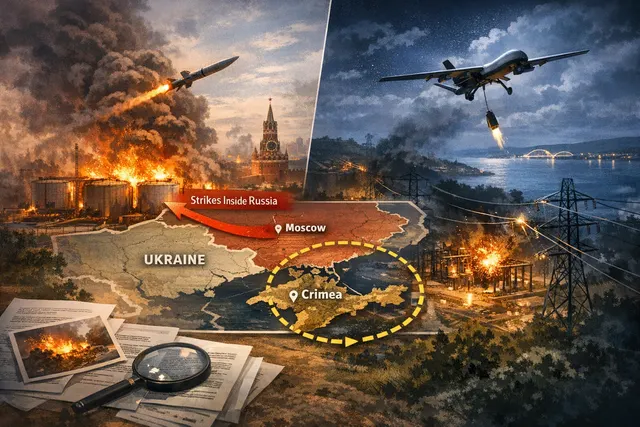 Editorial visualization of the June 26–27, 2026 Ukrainian strikes against Russian fuel infrastructure and Crimea's power grid.