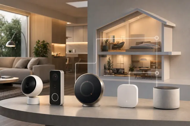 Illustration of connected smart-home accessories, including a camera, doorbell and thermostat